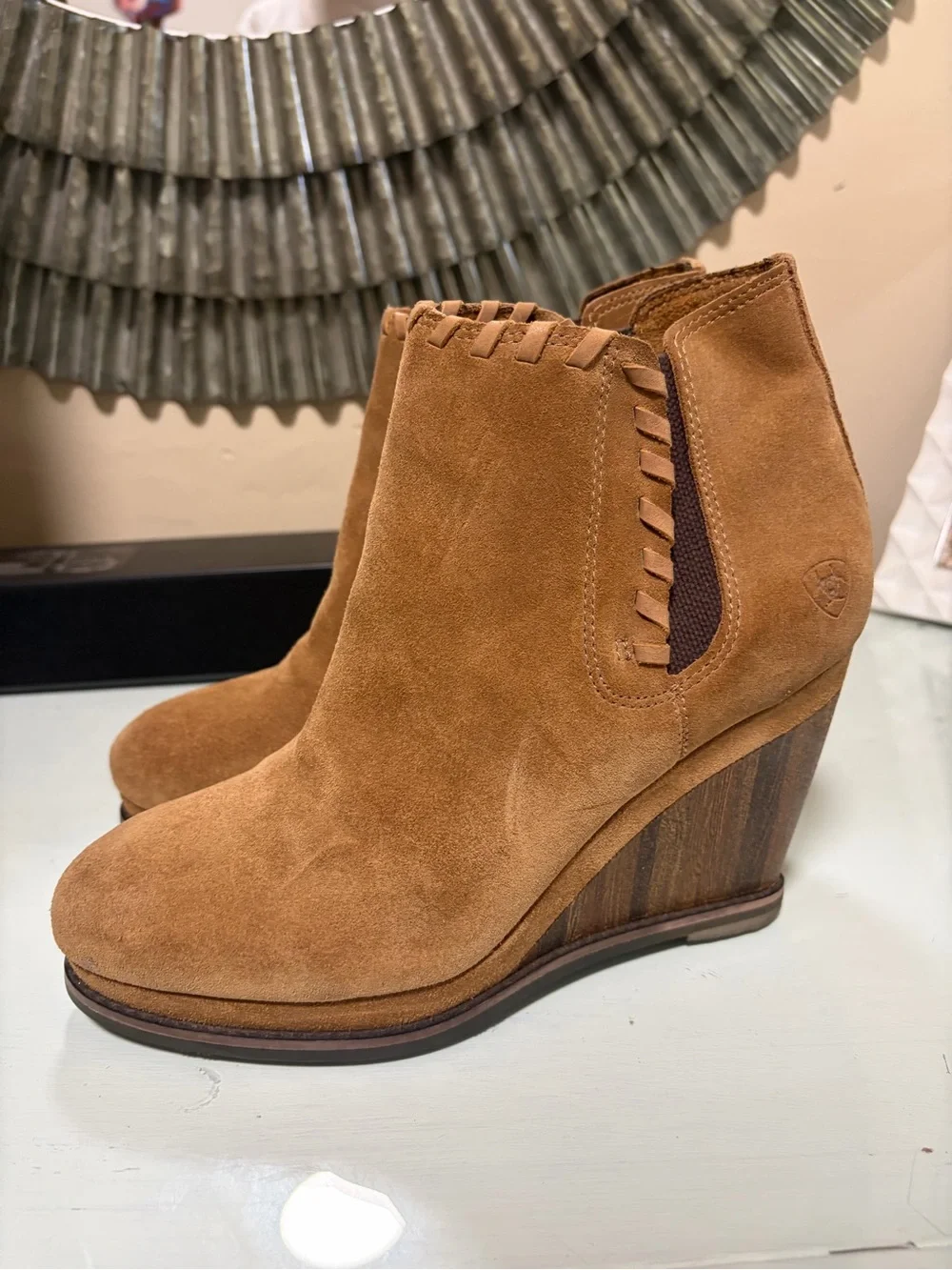 Ariat Belle Genuine Leather Suede Wedge Booties Tan Size 9.5